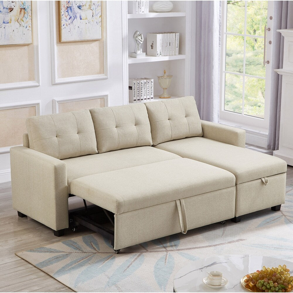 Beige Pull-out Sofa with Storage Chaise Longue, Convertible Corner Sofa