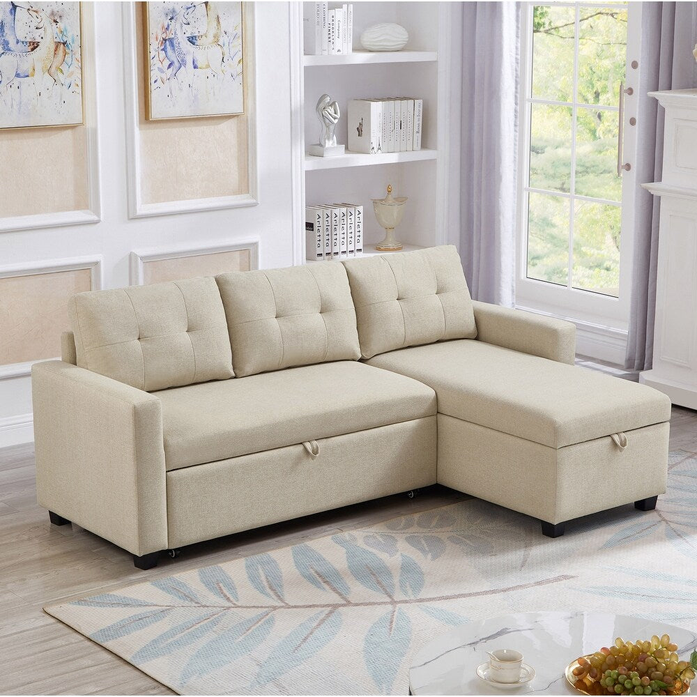 Beige Pull-out Sofa with Storage Chaise Longue, Convertible Corner Sofa