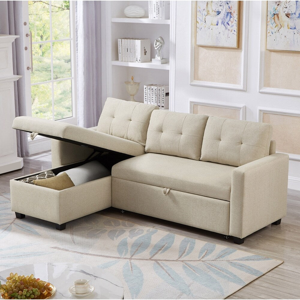 Beige Pull-out Sofa with Storage Chaise Longue, Convertible Corner Sofa