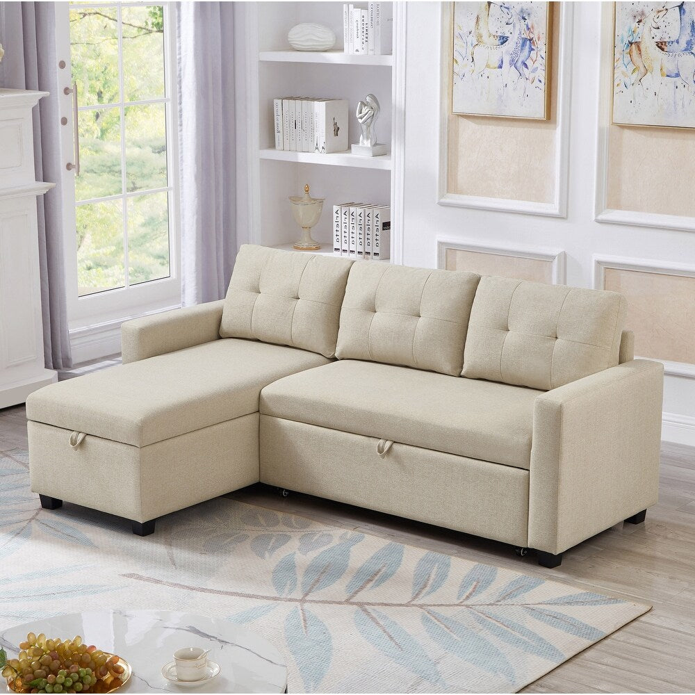 Beige Pull-out Sofa with Storage Chaise Longue, Convertible Corner Sofa