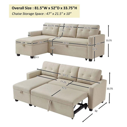 Beige Pull-out Sofa with Storage Chaise Longue, Convertible Corner Sofa