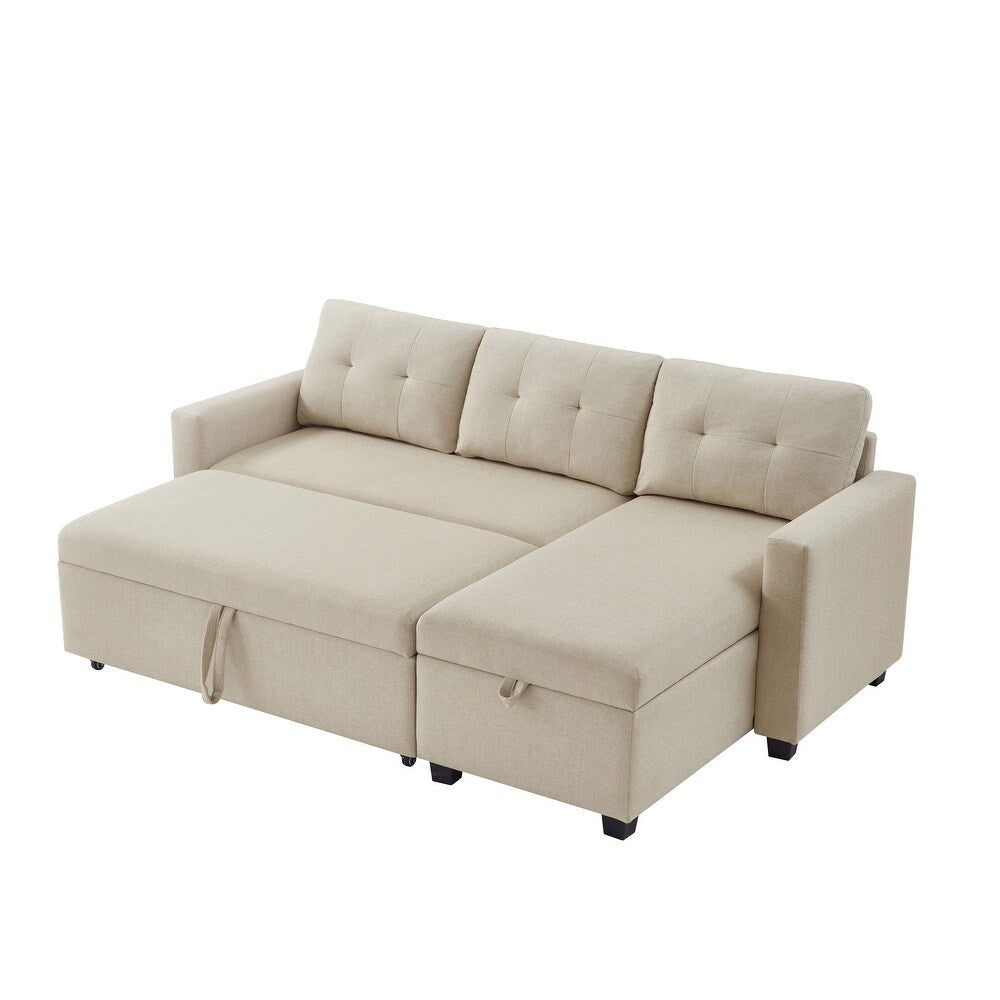 Beige Pull-out Sofa with Storage Chaise Longue, Convertible Corner Sofa