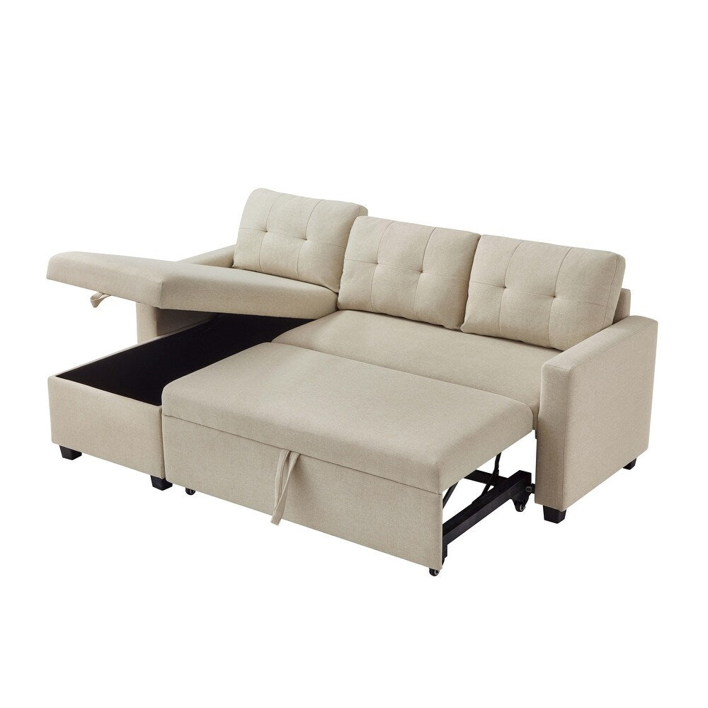 Beige Pull-out Sofa with Storage Chaise Longue, Convertible Corner Sofa