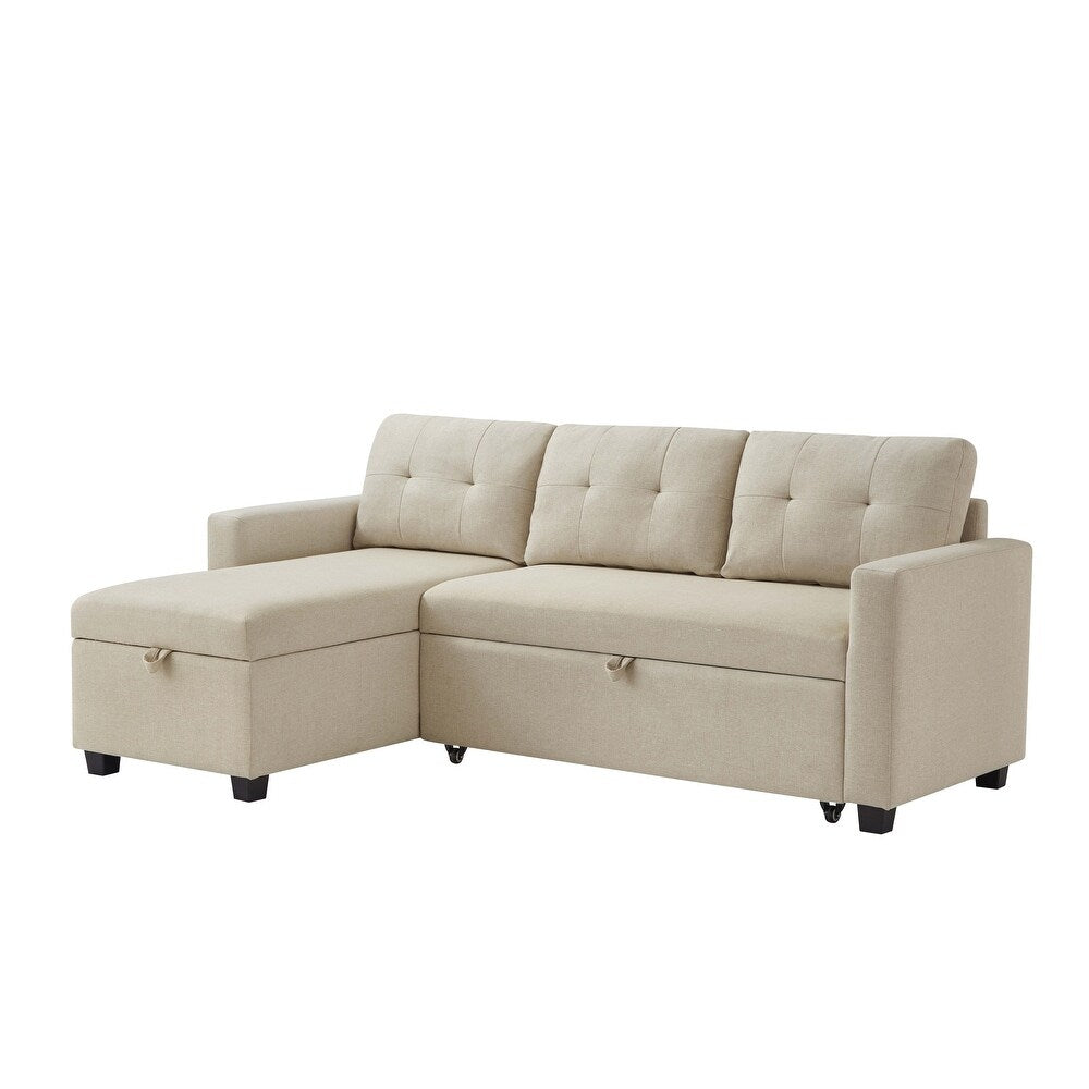 Beige Pull-out Sofa with Storage Chaise Longue, Convertible Corner Sofa