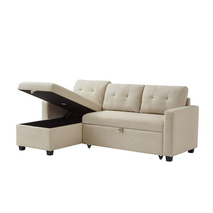 Beige Pull-out Sofa with Storage Chaise Longue, Convertible Corner Sofa