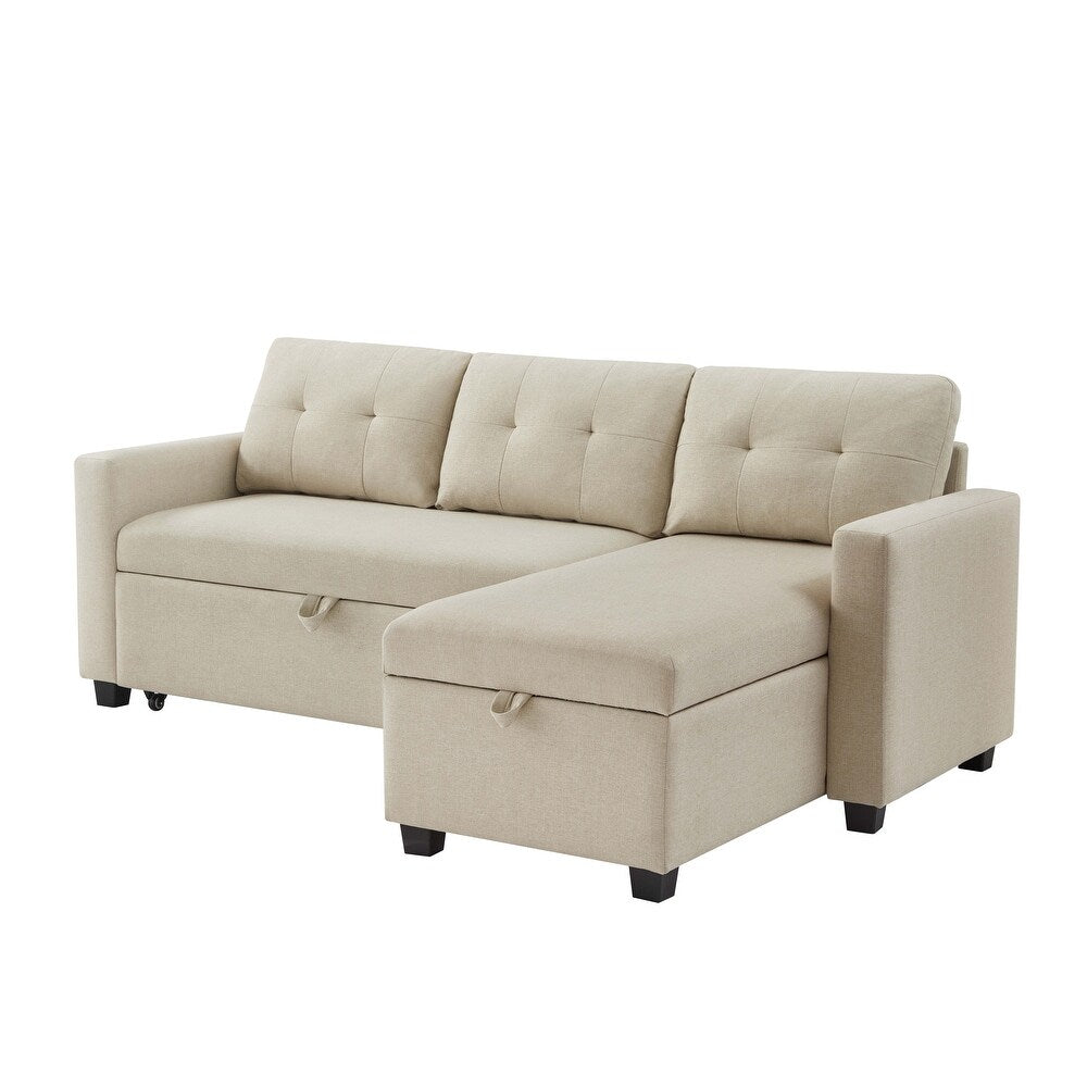 Beige Pull-out Sofa with Storage Chaise Longue, Convertible Corner Sofa