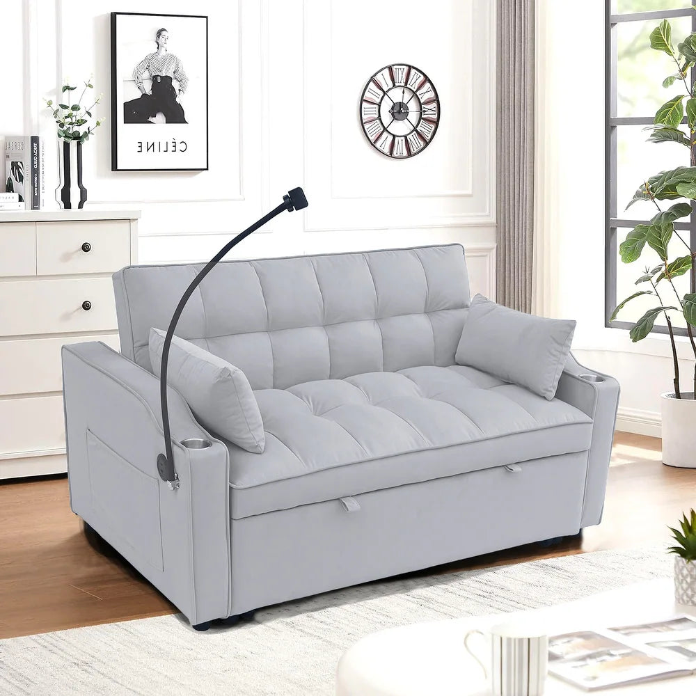 Light Gray Velvet Two-seater Sofa with Pull-Out Bed (70.2 inches)