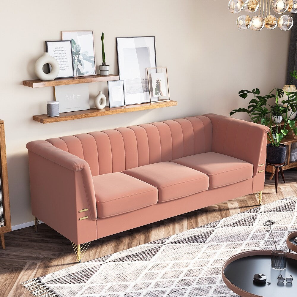 Pink 3 Seat Sofa with Golden Metal Legs