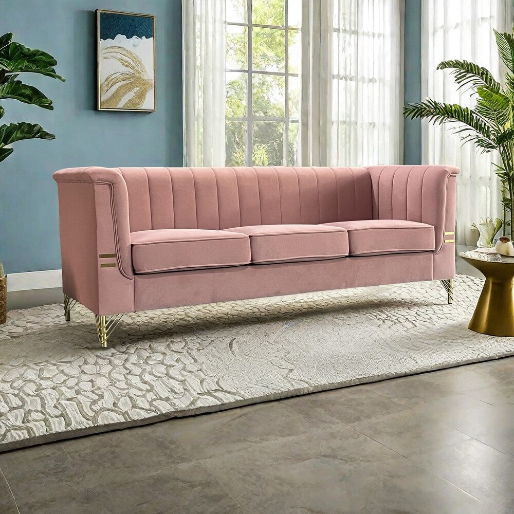 Pink 3 Seat Sofa with Golden Metal Legs