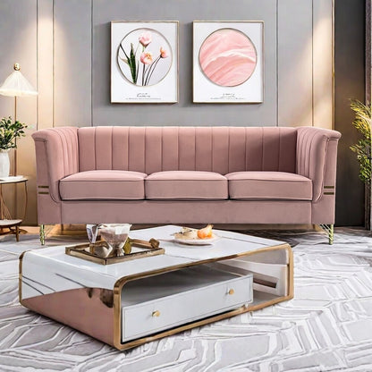 Pink 3 Seat Sofa with Golden Metal Legs