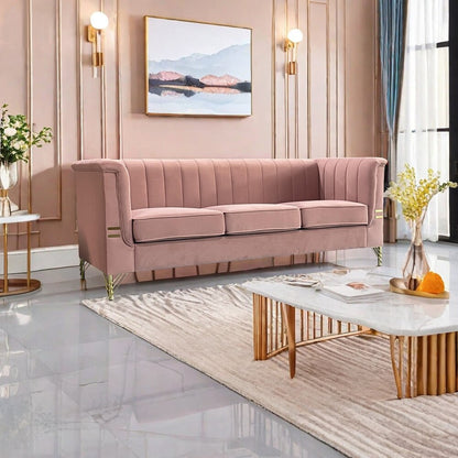 Pink 3 Seat Sofa with Golden Metal Legs