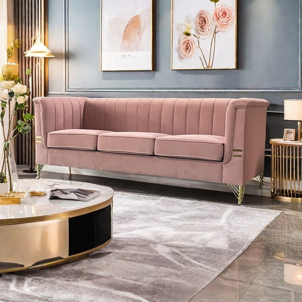 Pink 3 Seat Sofa with Golden Metal Legs