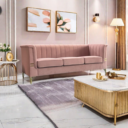 Pink 3 Seat Sofa with Golden Metal Legs