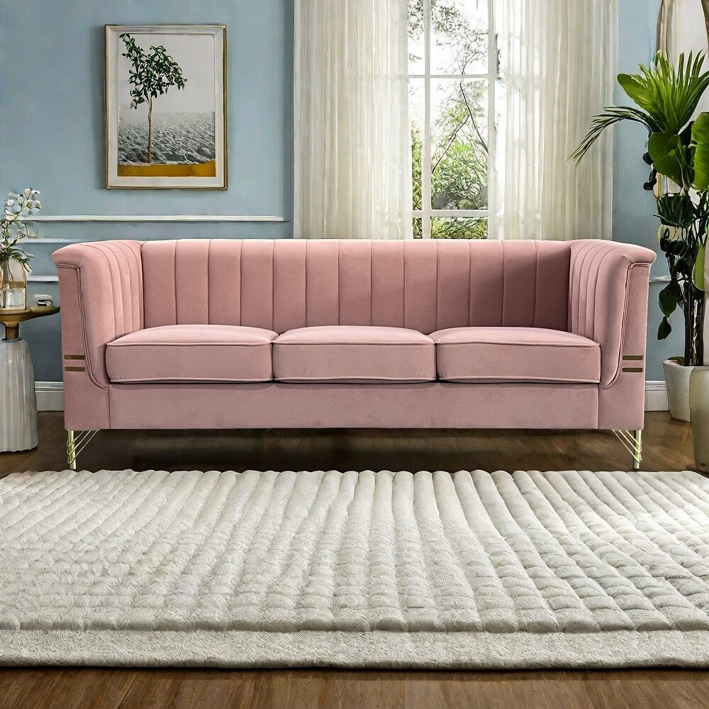 Pink 3 Seat Sofa with Golden Metal Legs