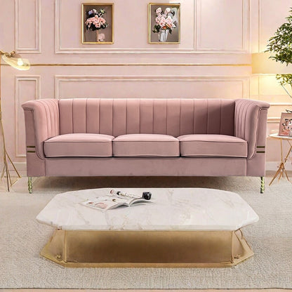 Pink 3 Seat Sofa with Golden Metal Legs