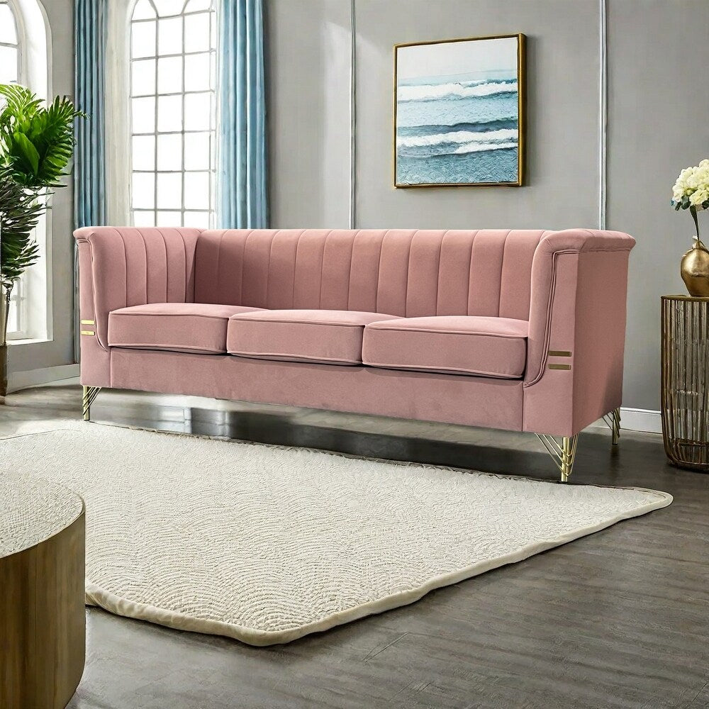 Pink 3 Seat Sofa with Golden Metal Legs