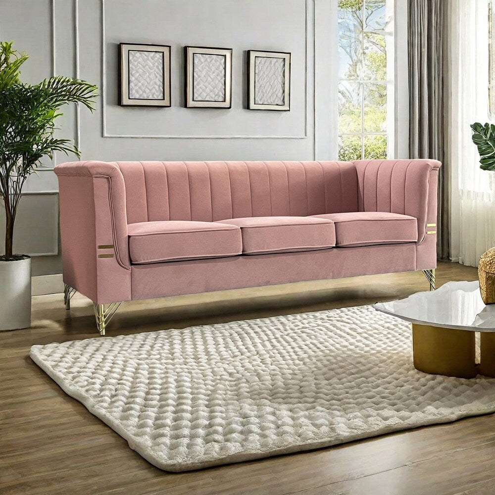 Pink 3 Seat Sofa with Golden Metal Legs