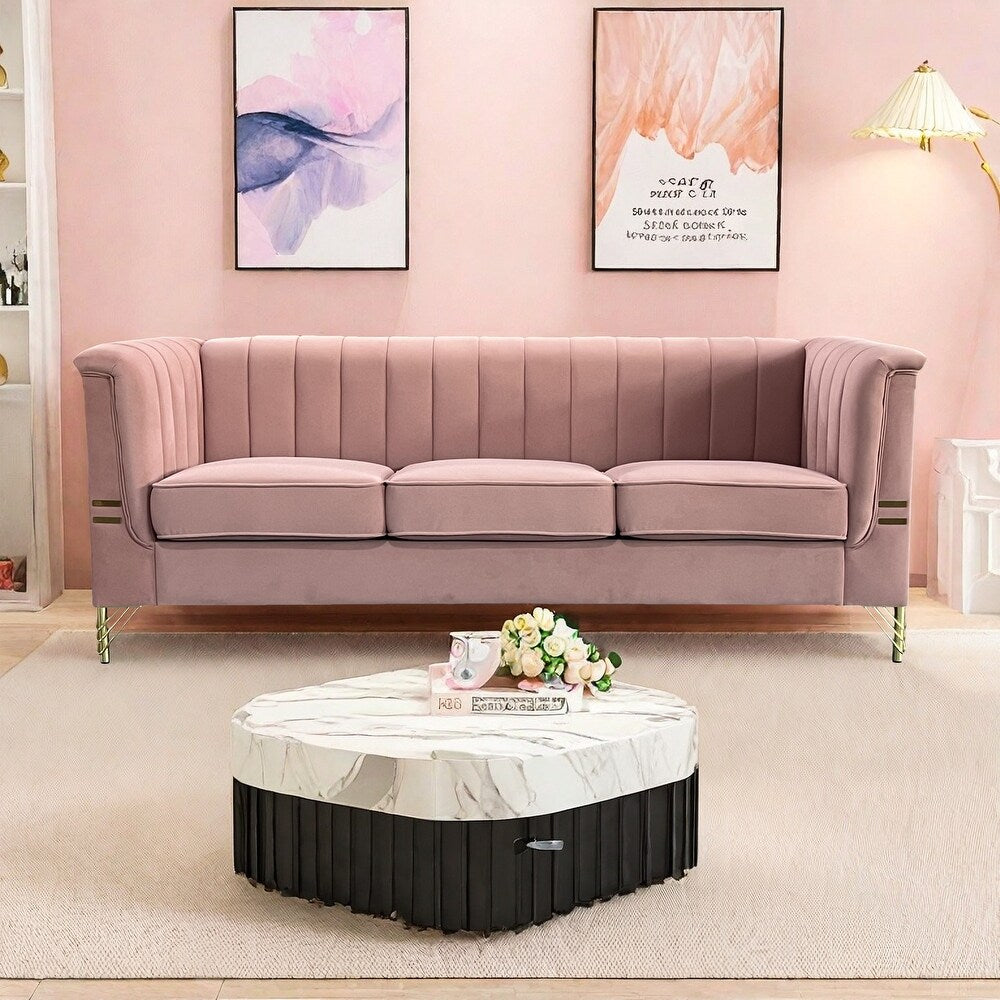 Pink 3 Seat Sofa with Golden Metal Legs