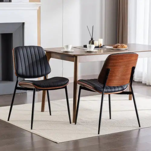 Black PU Dining Chairs Set of 2 with Walnut Bentwood Back and Metal Legs