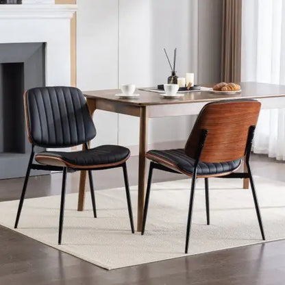 Black PU Dining Chairs Set of 2 with Walnut Bentwood Back and Metal Legs