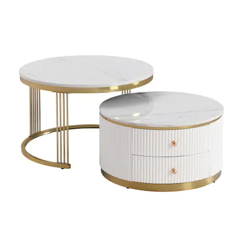 Gold+White Modern 2-piece Round Nesting Coffee Table with Drawers (27.6 inches)