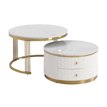 Gold+White Modern 2-piece Round Nesting Coffee Table with Drawers (27.6 inches)