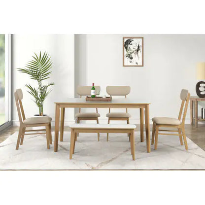 Opalescent white, white + light oak Set of 6 dining table with light oak high-gloss white top (60 inches)