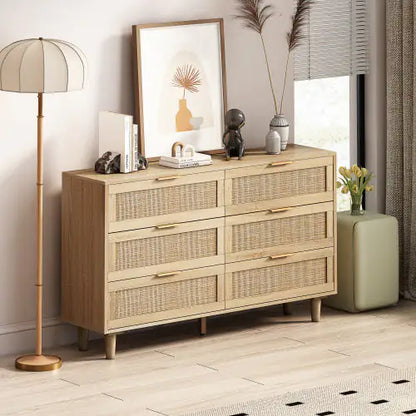 Natural 6-Drawers Rattan Storage Cabinet with Particle Board (51.18 inches)