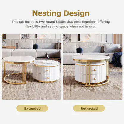 Gold+White Modern 2-piece Round Nesting Coffee Table with Drawers (27.6 inches)