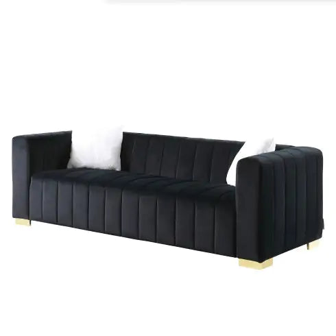 Black Modern Channel Sofa with Traditional Chesterfield Design (85.76 inches)