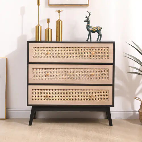 Natural+Black 3-Drawers Rattan Storage Cabinet with Drawers Included (31.5 inches)