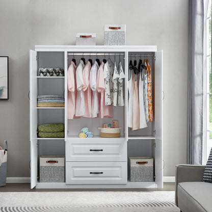 White Solid Wood Freestanding Wardrobe Closet with 2 Hanging Rod Shelves, 2 Drawers, and 5 Storage Compartments (74 inches)