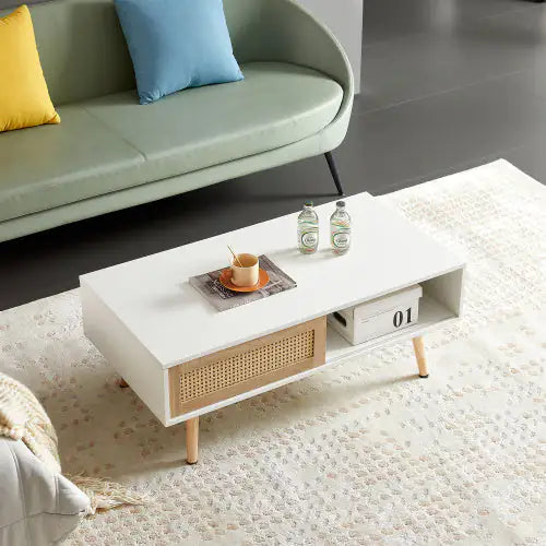 White Rattan Coffee Table with Sliding Door for Storage (41.34 inches)