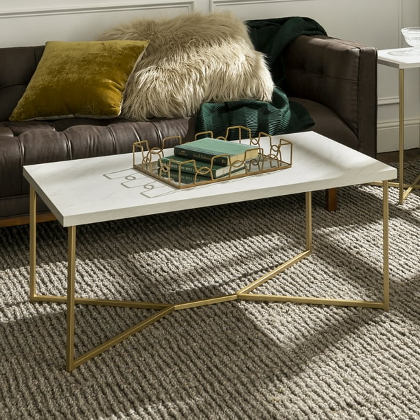 White+Gold Modern Glam Metal and Faux Marble Coffee Table with Faux White Marble/Gold (42.00 inches)