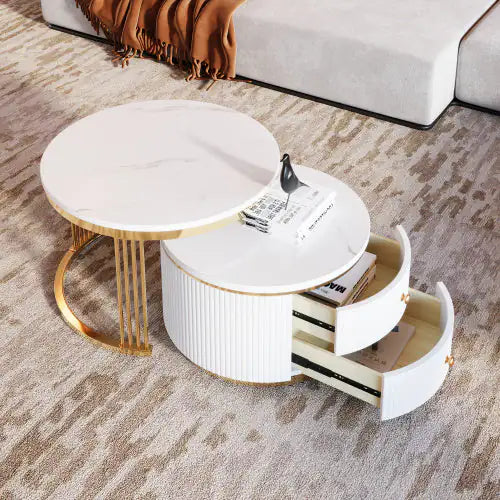 Gold+White Modern 2-piece Round Nesting Coffee Table with Drawers (27.6 inches)