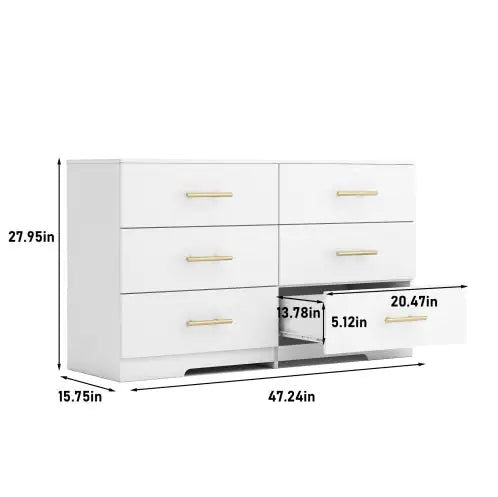 White Large Six Drawer Cabinet with Golden Handle (47.25 inches)