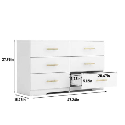 White Large Six Drawer Cabinet with Golden Handle (47.25 inches)