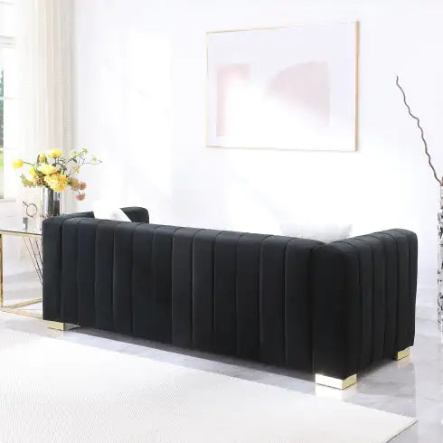 Black Modern Channel Sofa with Traditional Chesterfield Design (85.76 inches)