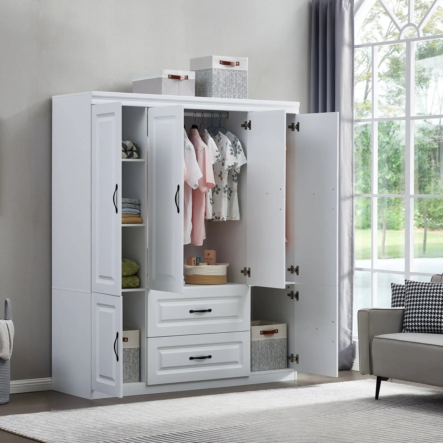 White Solid Wood Freestanding Wardrobe Closet with 2 Hanging Rod Shelves, 2 Drawers, and 5 Storage Compartments (74 inches)