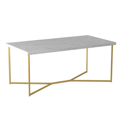 White+Gold Modern Glam Metal and Faux Marble Coffee Table with Faux White Marble/Gold (42.00 inches)