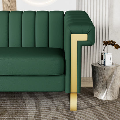 Retro Green PU Sofa with Gold Accents and Sleek Channel-Tufted Upholstery (3-Seat)