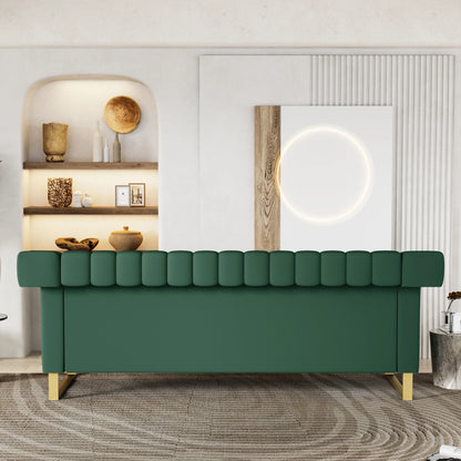 Retro Green PU Sofa with Gold Accents and Sleek Channel-Tufted Upholstery (3-Seat)