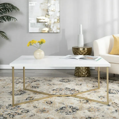 White+Gold Modern Glam Metal and Faux Marble Coffee Table with Faux White Marble/Gold (42.00 inches)