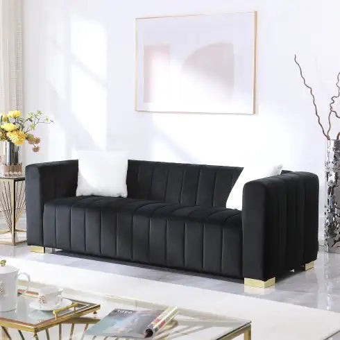 Black Modern Channel Sofa with Traditional Chesterfield Design (85.76 inches)