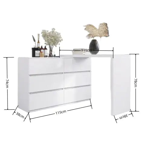 White Extended Desktop 6 Drawers Chest of Drawer without Handle (45.30 inches)