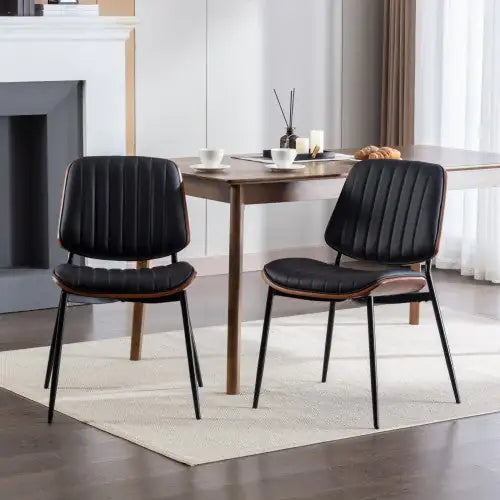 Black PU Dining Chairs Set of 2 with Walnut Bentwood Back and Metal Legs