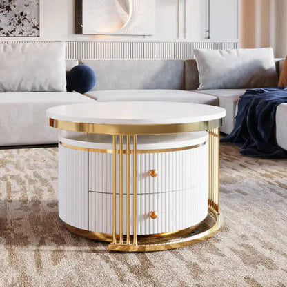 Gold+White Modern 2-piece Round Nesting Coffee Table with Drawers (27.6 inches)