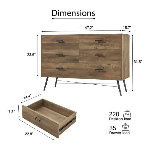 Walnut Brown 6-Drawer Cabinet TV Stand with Large Storage (47.24 x 15.75 x 31.50 inches)