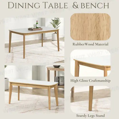 Opalescent white, white + light oak Set of 6 dining table with light oak high-gloss white top (60 inches)