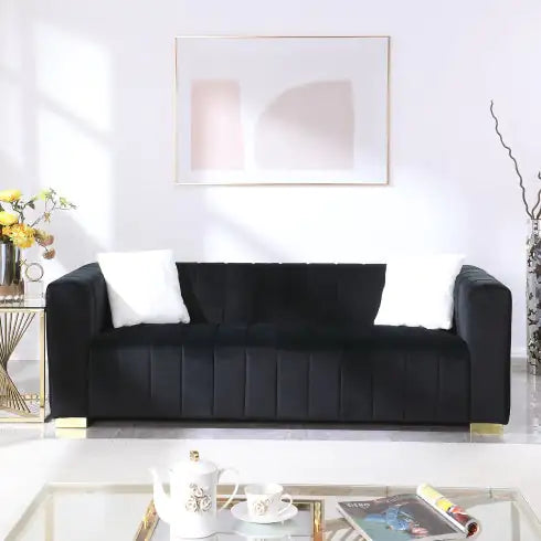 Black Modern Channel Sofa with Traditional Chesterfield Design (85.76 inches)